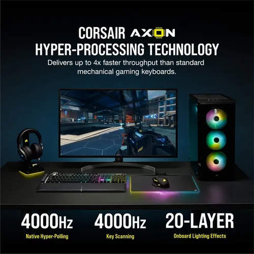 Vista 3 de Corsair Teclado mecánico óptico K100 RGB para juegos - Corsair OPX RGB - Teclas ópticas y mecánicas - Tecnología AXON de hiperprocesamiento para un