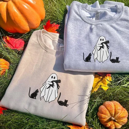 Vista 2 de My4gifts Sudadera bordada de temporada espeluznante, bonito diseño de fantasma, perfecta para mujeres, temporada de otoño