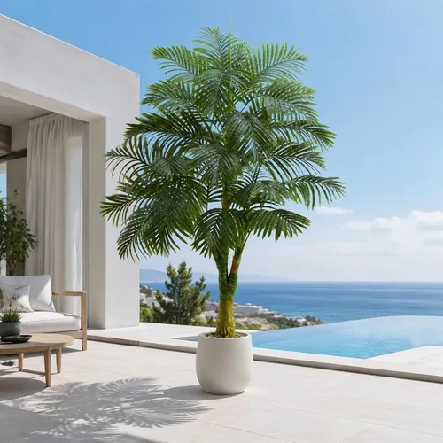Vista 5 de Palmera artificial de caña dorada de 6 pies, plantas artificiales Planta de palma de seda sintética en maceta blanca, árboles artificiales altos