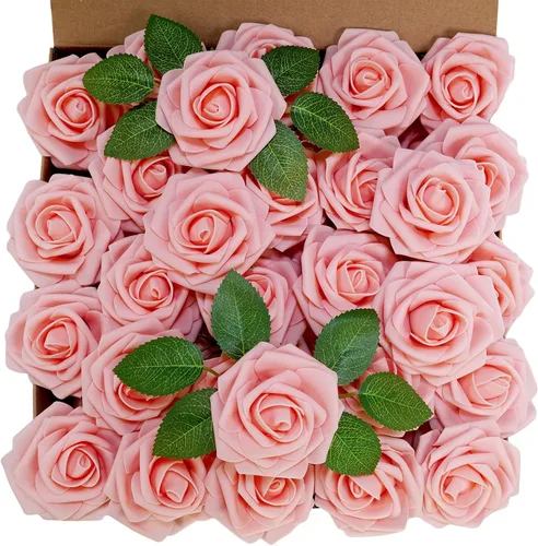 Vista 2 de Winlyn 50 rosas rosas rosas de tacto real con tallos y hojas de seda, flores artificiales a granel para bodas, centros de mesa, arreglos florales