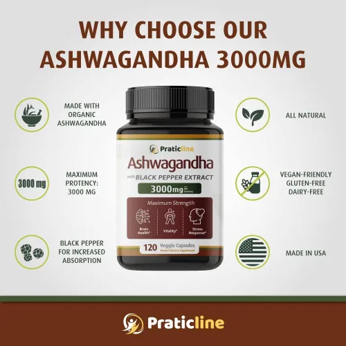 Vista 3 de Ashwagandha Cápsulas 3,000 mg - 120 cápsulas veganas hechas con polvo de Ashwagandha orgánico y extracto de raíz. Sin gluten. Fabricado en Estados
