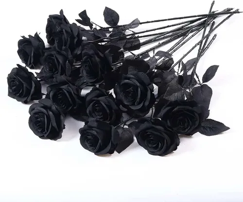 Vista 9 de Laelfe 12 PCS Flores Artificiales Rosas Negras, Flores de Seda Falsas de Tallo Largo Rosa Artificial para Decoraciones de Halloween Hogar Boda Negro
