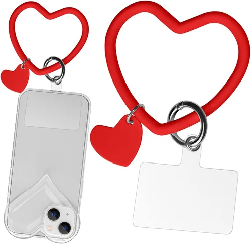 Vista 9 de Correa de silicona con forma de corazón para teléfono, correa de muñeca para teléfono celular con soporte para llaves, universal compatible