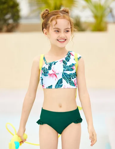 Vista 2 de Arshiner Traje de baño para niñas con volantes y volantes estampados de dos piezas