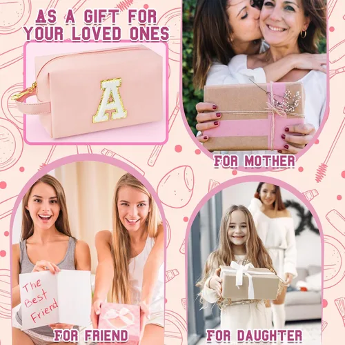 Vista 7 de Bolsa de maquillaje personalizada con inicial con asa, bolsa de cosméticos de preparación con bolsillo interior con cremallera, 8, 9, 10, 11, 12 Rosa
