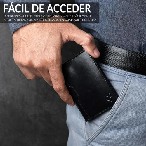 Vista 5 de FOXHACKLE Tarjetero de cuero de grano completo para hombres y mujeres, billetera delgada y plegable con bloqueo RFID, bolsillo frontal delgado Negro