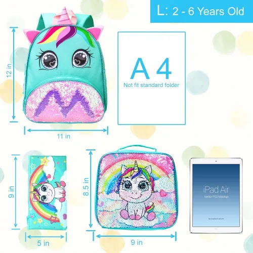 Vista 4 de 3 mochilas para niñas pequeñas, 12 pulgadas, con lentejuelas de unicornio y lonchera