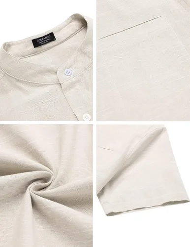 Vista 4 de COOFANDY Camisa de playa con cuello de banda para hombre, camisas de manga corta con botones casuales de lino y algodón