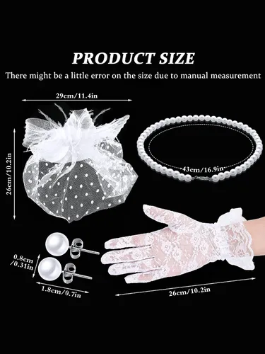 Vista 2 de Honoson 4 tocados para mujer, diadema para fiesta de té con guantes cortos de encaje