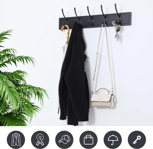 Vista 3 de HOME MASTER HARDWARE Perchero de pared negro, ganchos de pared de MDF para colgar abrigos, estante decorativo para sombreros de 27" para pared con 5