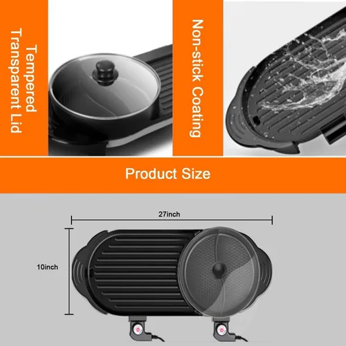 Vista 7 de Olla caliente de 27" con parrilla, parrilla eléctrica de barbacoa coreana de 2200W antiadherente para 2-12 personas, control de temperatura dual