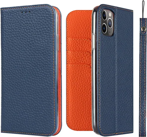 Vista 13 de iCoverCase Compatible con iPhone 11 Pro Max, funda magnética de piel auténtica con bloqueo RFID, correa para la muñeca y ranuras para tarjetas Verde