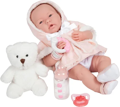 Vista 5 de JC Toys La Newborn Muñeca bebé niña de 15 pulgadas de vinilo anatómicamente correcta con traje blanco y rosa y accesorios de lujo Diseñada