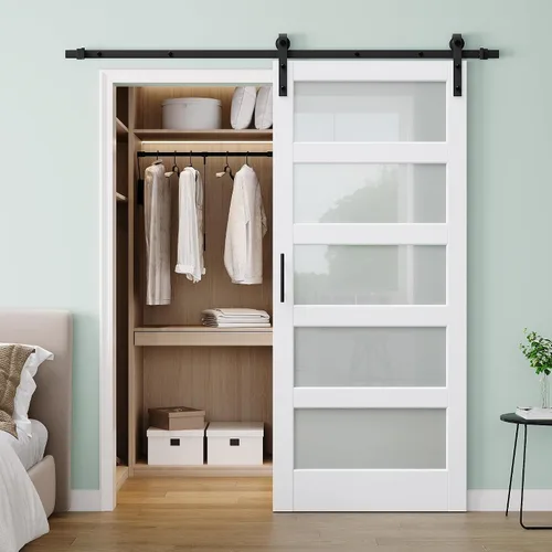 Vista 10 de 30"x84" 1-Lite Double Side Mirror Barn Door Slab with 6FT Track Kit, Handle White / 1-Lite Double Side Mirror