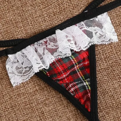 Vista 7 de Women Sexy Lingerie 3PC Lace Plaid Bra Thong Halter Uniform Pajamas Set