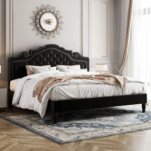 Vista 12 de Allewie Base de cama tamaño completo con cabecero de tiara de terciopelo ajustable, cama plataforma tapizada con botones de diamante capitoné Negro
