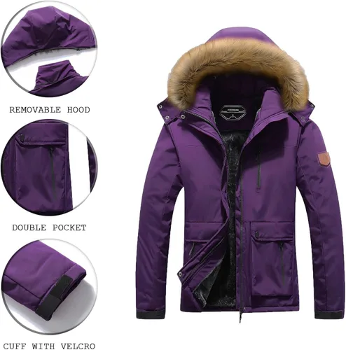 Vista 5 de MOERDENG Chaqueta de esquí impermeable para mujer, abrigo de nieve con capucha para invierno, chaqueta de esquí resistente al viento para mujer