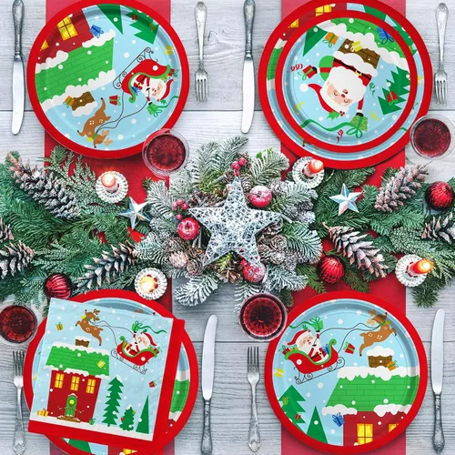 Vista 5 de Suministros de fiesta de Navidad Lamparty - Platos y servilletas desechables de papel con temática de Santa de Navidad - Perfectas decoraciones