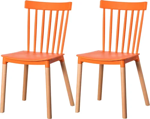 Vista 8 de Fabulaxe Silla de comedor de plástico moderna diseño Windsor con patas de madera de haya, color blanco juego de 2