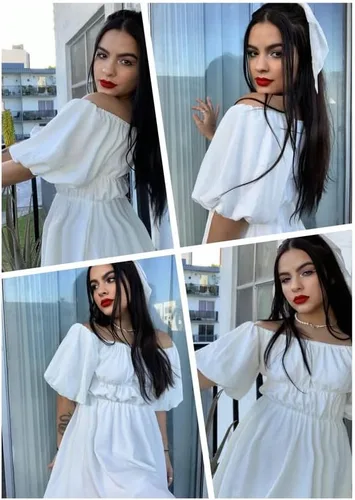 Vista 7 de Dokotoo Vestidos de verano para mujer, con hombros descubiertos, manga corta farol, con volantes, cintura elástica, acampanado, minivestido casual