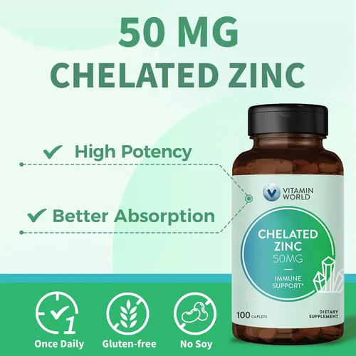 Vista 3 de Vitamin World Zinc quelatado de 50 mg - 100 comprimidos, suplemento de zinc quelado de alta potencia y bien absorbido, apoya la salud inmunológica