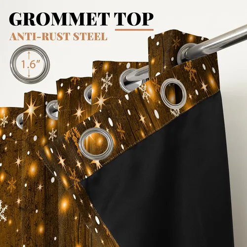 Vista 5 de Renaiss Cortinas opacas de Navidad con tablones de madera rústica para dormitorio, con ojales, estampado de copos de nieve navideños, cortinas