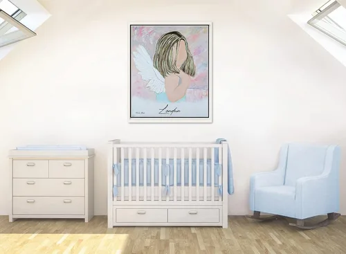 Vista 2 de GICLEE PRINT ART Abstract Girl Angel Painting Canvas Print Oil Painting Home Decor Wall Decor Housewarming Gift Blue Pink Guardian Angel