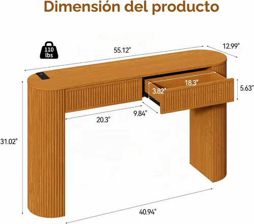 Vista 2 de Mesa consola acanalada de 55 pulgadas con 2 cajones y luces LED, mesas de entrada con estación de carga, mesa de sofá estrecha detrás del sofá, mesa