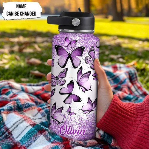 Vista 2 de Hyturtle Botella de agua personalizada de mariposa, botella de acero inoxidable aislada con nombre personalizado con tapa a prueba de fugas, 18