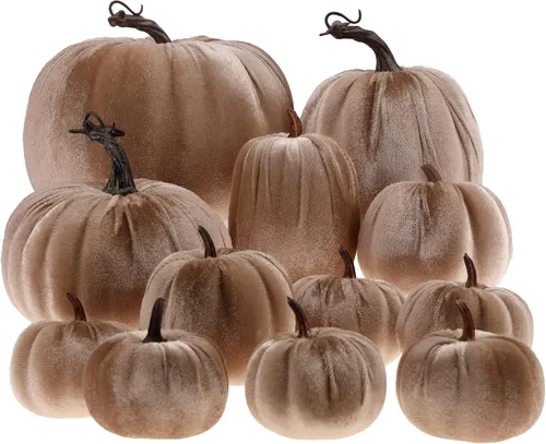 Vista 12 de Gresorth 12 calabazas artificiales grandes de terciopelo para Halloween, hechas a mano, decoración de centro de mesa de cosecha de otoño
