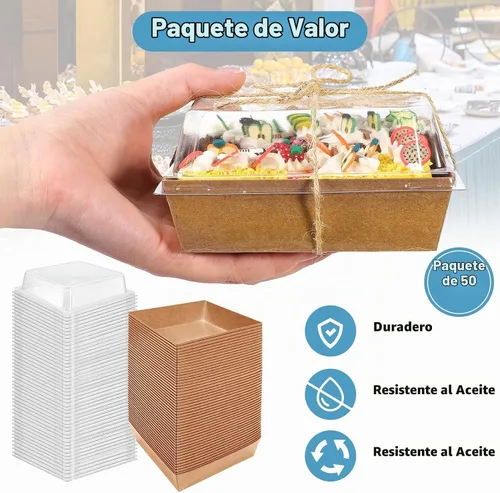 Vista 5 de Paquete de 50 cajas de papel para embutidos con tapas transparentes, recipientes cuadrados marrones de 4.3 pulgadas, cajas de postre de papel kraft