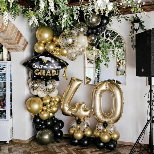 Vista 6 de Globos negros y dorados de graduación con globos de aluminio de graduación, globos metálicos de color negro, blanco, arena, beige, dorado