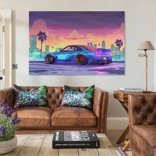 Vista 3 de Synthwave Vaporwave R32 - Póster de animé de palmera Jdm para automóvil, decoración de pared, pósteres e impresiones para dormitorio, sala de estar