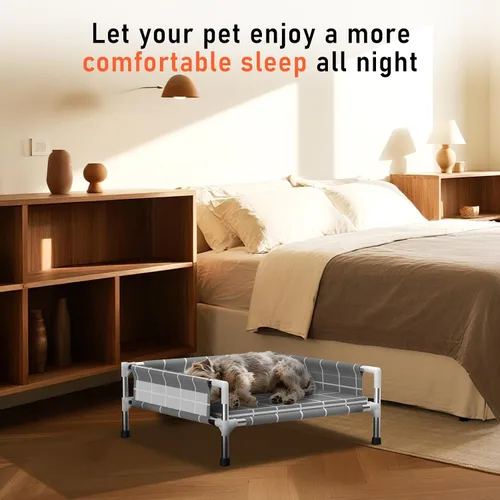 Vista 7 de Cama elevada para perros con valla de tres lados y cojín extraíble, patas antideslizantes, diseño estable, fácil montaje, relajación en interiores