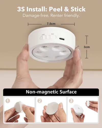 Vista 7 de Luces LED recargables de disco con control remoto, luces de botón con pilas de 2400mAh, luces adhesivas magnéticas para tocar, luz inalámbrica