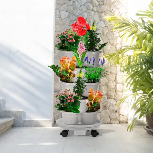 Vista 8 de Looca Organizador de plantas con ruedas y bandeja de drenaje, soporte rodante para macetas de 13 pulgadas, organizador de macetas redondas