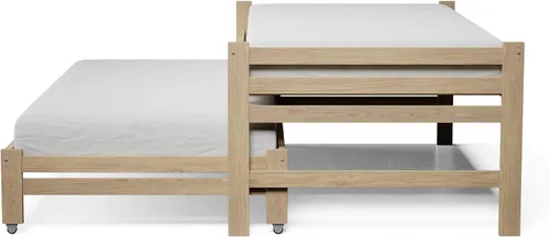 Vista 2 de Cama individual XL sobre cama individual de madera de Pennsylvania con ruedas de madera de pino maciza con ruedas sin terminar con soporte