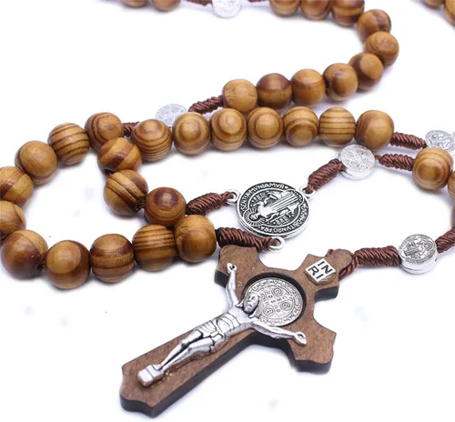 Vista 5 de Dreuyet Collar de rosario para hombres y mujeres, único, bohemio, hecho a mano, cuerda de cáñamo vintage, cuentas de madera natural, trenzadas