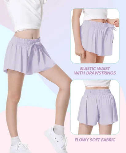 Vista 3 de QooNoo Pantalones cortos de mariposa para niñas con bolsillo, pantalones cortos atléticos fluidos de cintura alta para correr para niños