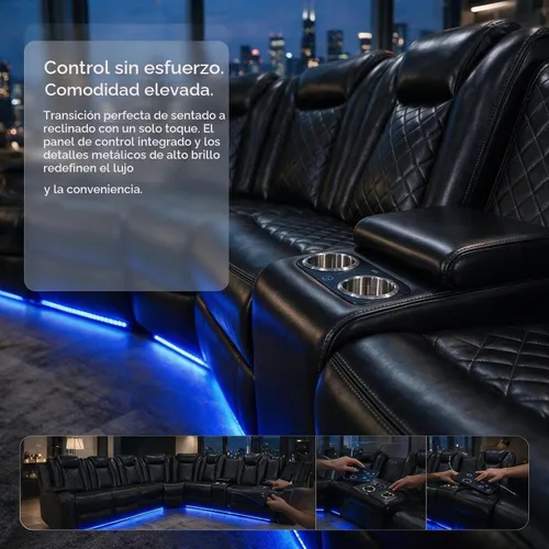 Vista 7 de FUOROLA Juego de sofá reclinable eléctrico con LED, sofá seccional reclinable de cuero transpirable para cine en casa con soporte para tazas Negro