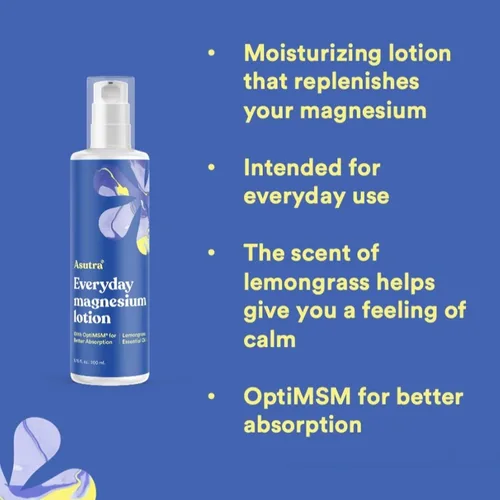Vista 2 de ASUTRA Loción diaria de magnesio con OptiMSM, 6.76 fl oz - Topical Magnesio, absorción rápida, vitaminas A y E, manteca de karité para una piel