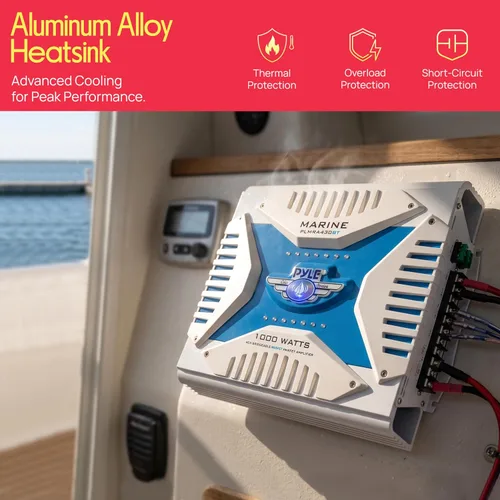 Vista 4 de Pyle Receptor de amplificador marino Bluetooth 2.1, amplificador de audio inalámbrico de 4 canales impermeable para altavoz estéreo con fuente