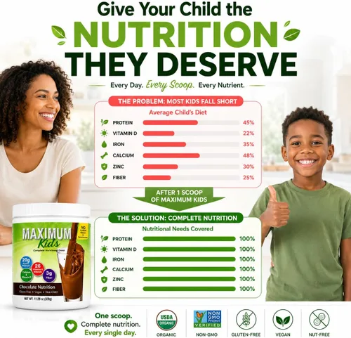 Vista 5 de Maximum Kids - Mezcla completa de polvo orgánico. Gran sabor, fácil de usar, bebida nutricional completa con 26 vitaminas y minerales, 0.71 onzas