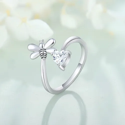 Vista 3 de FJ Anillo abierto de plata de ley para mujer, con piedra natal (anillo ajustable)