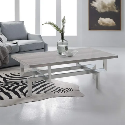 Vista 6 de Armen Living Illusion Mesa auxiliar de madera gris con base de acero inoxidable cepillado