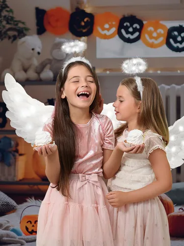 Vista 2 de Alas de ángel y halo LED de Halloween, alas de cupido de hadas blancas con halo de ángel iluminado para niñas, niños, adultos, mujeres, disfraz