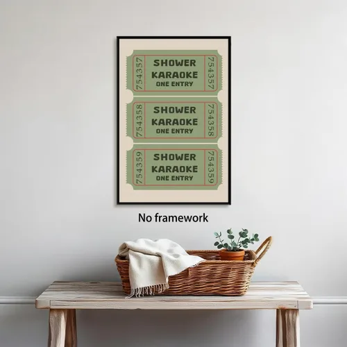 Vista 5 de Divertido arte de pared para baño, vintage, ducha, karaoke, boletos, impresión en lienzo, cuadro de signo de baño funk, imagen verde salvia