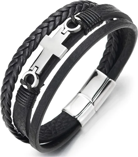 Vista 10 de Pulsera de cuero COOLSTEELANDBEYOND para hombre y mujer, cruz lateral plana, múltiples hebras, estilo brazalete