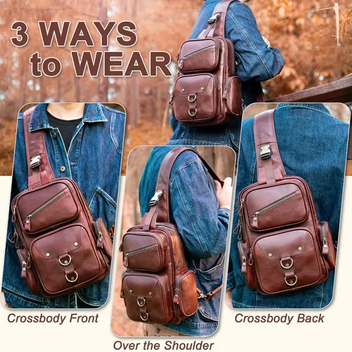 Vista 3 de Bolso bandolera de cuero genuino para hombre, bolso cruzado grande, bolso de hombro casual, mochila antirrobo, bolsa de viaje en el pecho