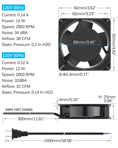 Vista 2 de GDSTIME Ventilador Axial de 90mm, 110V 120V CA, 92 mm x 92 mm x 25 mm, de rodamiento de bolas doble con cable de alimentación para proyectos